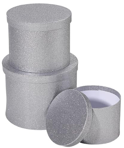 Deco Woerner Rundes Geschenkboxen-Set 3 Stück Silber glitzernd von 18 x 12,70 cm bis 25,5 x 19,30 cm (B x H) Geschenkverpackung Aufbewahrung