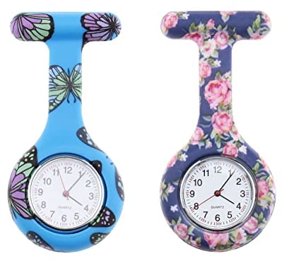 OTOTEC Krankenschwesteruhr, Brosche, Silikon, Krankenschwesteruhr, Brosche, hängende Taschenuhr mit Sekundenzeiger für Damen, himmelblau, Schmetterling, dunkelblaue Rose, 2 Stück, Modern