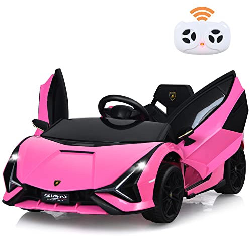 COSTWAY 12V Kids Electric Ride on Car with Remote Control, LED Lights, MP3, Music, Spring Suspension, Licensed Lamborghini Battery Powered Toy Vehicle for Boys and Girls (Pink)