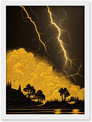 Wee Blue Coo Gold and Black Thunder Storm with Bright Lightning at Lakeside Tree Silhouette Artwork Framed Wall Art Print A4