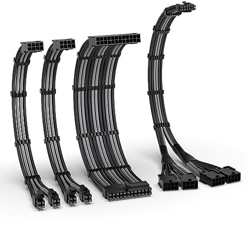 EZDIY-FAB PCIE 5.0 12VHPWR Sleeved Cable Kit, 16AWG Power Supply Cable Extension, 24PIN-ATX/(4+4) PIN-EPS/(12+4) PIN to 4X 8 PIN PCIE- RTX4090/4080/4070Ti Extension Cable- Black/Grey