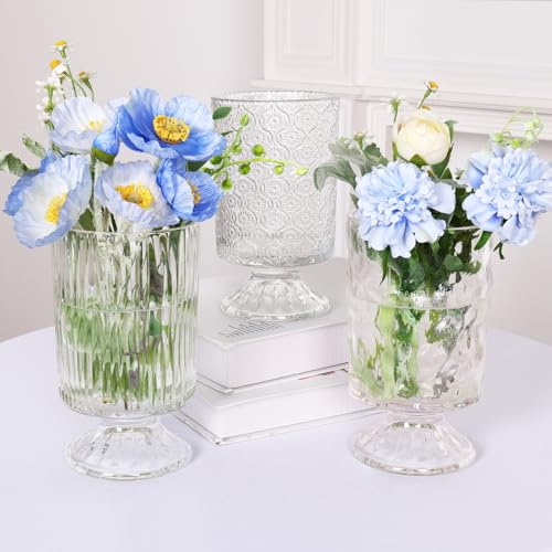 Fixwal Transparente Vasen für Blumen, 3er-Set, Glasvasen für Tafelaufsätze, geprägte Basisvasen für Hochzeitsdekoration (H: 17,8 cm, T: 10,2 cm), rustikale Weitöffnung, Vintage-Zylinder, schwimmende