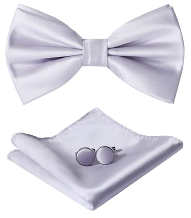 HOULIFE Fliege Herren Set - Verstellbare Fliege aus Satin Polyester Vorgebunden Fliege, einfarbige Einstecktuch, Manschettenknöpfe Set für Bräutigam Hochzeit mit Geschenkbox, Silber-Grau