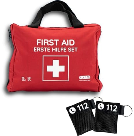 Erste-Hilfe-Tasche & 2x Beatmungstücher mit Sofort-Kältekompressen, Rettungsdecke, Pflastersortiment, umfangreich gefüllt für Zuhause & Outdoor CPR Maske Mund zu Mund Beatmungsschutz Beatmungstuch