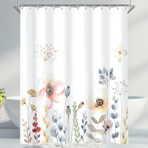 Lerores Duschvorhang 240x200cm, Blumen Pflanze Beschwerter Saum Antischimmel Textil, Wasserabweisend, Waschbar Polyester Stoff Badevorhänge für Badezimmer, Badewanne mit 16 Duschvorhangringe
