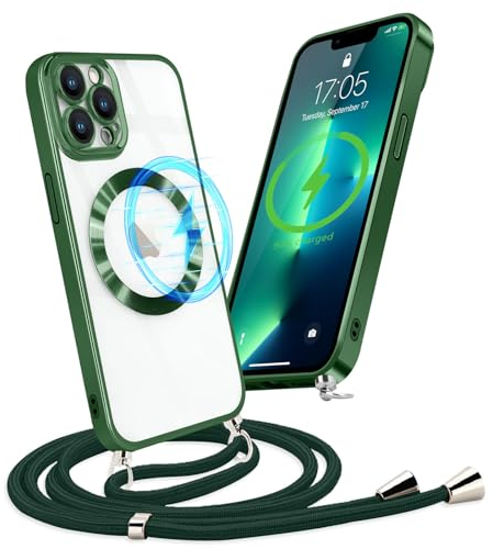 Micoden Handykette Hülle für iPhone 13 Pro Max mit Band Kompatibel mit MagSafe Kabellosem Laden Kameraschutz Vollständiger Transparent Silikon Case Kordel zum Umhängen Handyhülle Schutzhülle,Grün
