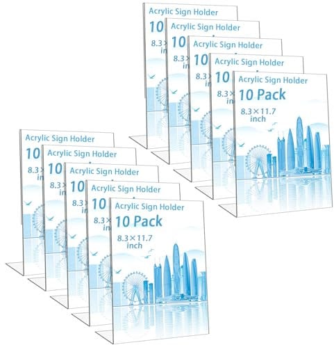 GBACHOOSE 10 Pack A4 Acrylic Sign Holder, 8.3 × 11.7 inch Plastic L Shape Paper Display Stand, Clear Flyer Document Holder Picture Frames With Vertical Slanted Back for Office Home Store Restaraunt