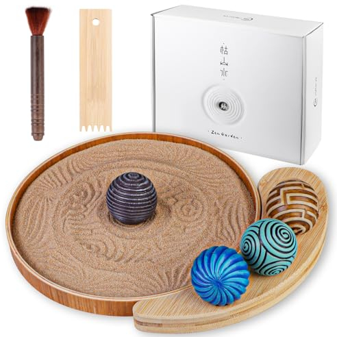 Melonva Mini Zen Garden for Desk - 9.5''x9.5'' Automatic Desk Sand Tray Therapy Kit with 4 Stamp Spheres