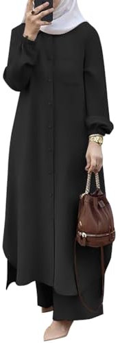 OBEEII Muslimische Kleider f�r Damen 2 Teiler Corban Ramadan Outfit Langarm Oberteile Robe Und Hosen Dubai T�rkisches Naher Osten Arabisch Islamische Kleidung Schwarz02 L