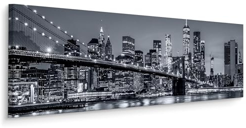 Muralo Wandbilder Panorama, New York, Nacht, Stadtansicht - 145x45 cm | Leinwandbild, Modernes Design, Aufhängefertig, UV-beständig - ideal für Wohnzimmer, Schlafzimmer und Büro