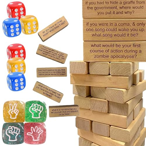 64 Stück Tumbling Tower und Würfel Set, Ice Breaker Questions Game für Familie und Erwachsene, 6-Seitig Würfel mit Stein Papier Schere, für Würfelspiele