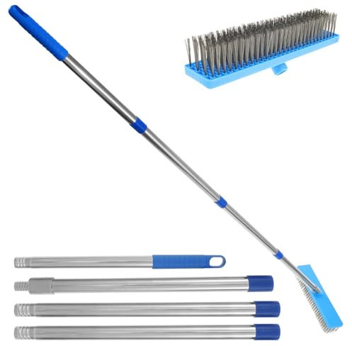 DRBIT Deck Scrub Brush Stainless Steel Wire Floor Brush with 4 Section Removable Poles Practical Wire Deck Brush Multifunctional Wire Cleaning Brushes for Rough Surface Concrete Floor Patio Garden