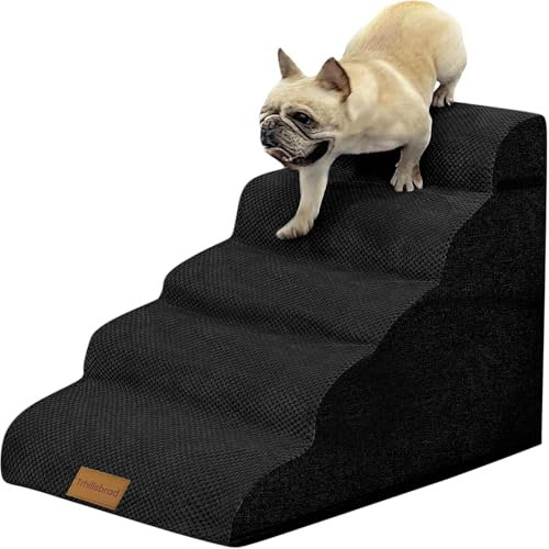 Escalera ancha para perros, color negro, 5 peldaños, 62 cm de alto, para perros pequeños, espuma de alta densidad, funda lavable y base antideslizante