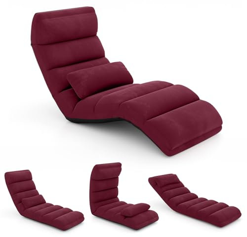 COSTWAY Fauteuil Relax Salon en Faux Daim Pliable, Réglable sur 5 Positions Chaise de Relaxation Rembourrée Fauteuil Sol pour Salon, Mobilier de Bureau, Chambre (Rouge Bordeaux)