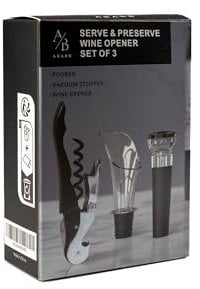 Abridor de vino, aireador y tapon de vacio, set de 3 piezas