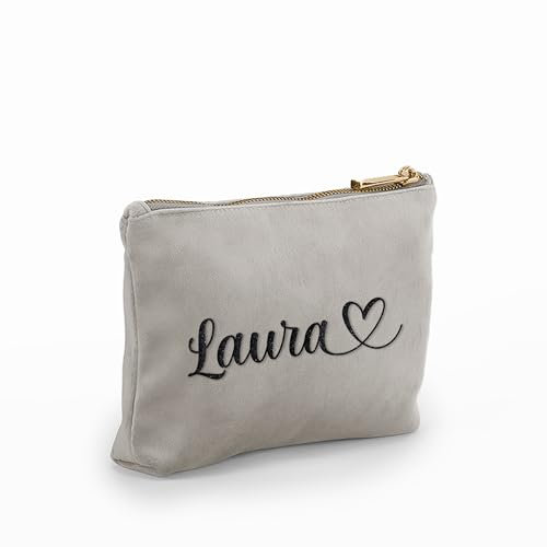 Caribu design Pochette in Velluto Personalizzata con Nome Iniziali Testo - Borsa per Trucchi, Cosmetica, da Viaggio, con Cerniera - Idea Regalo Personalizzata per Lei Donna (Grigio, Piccola)