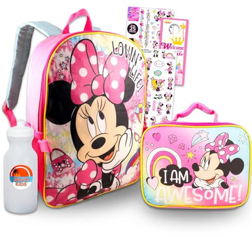 Minnie Mouse Backpack and Lunch Bag Set - Bundle with Minnie Backpack, Minnie Lunch Box, Water Bottle, Stickers, Tattoos, More | Minnie Mouse Backpack for Girls, Multicolor, Minnie Mouse Backpack,