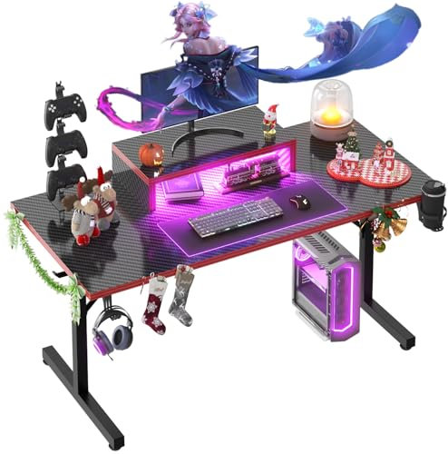 Devoko 160×60cm Gaming Desk With LED,Gaming Desks With Monitor Stand, Carbon Fibre Coating T-Frame Design,Ergonomic Computer Desk with Cup Holder And Headphone Hook, Black