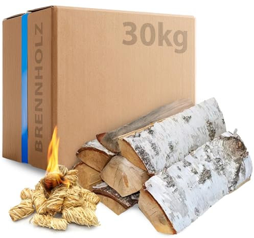 30 kg Birken Brennholz, 30 cm kammergetrocknet, mit 15 Kaminanzündern, ideal für Kamin, Ofen, Feuerschale, Grill, Smoker, hoher Brennwert, raucharm, helle Flamme, sofort verwendbar