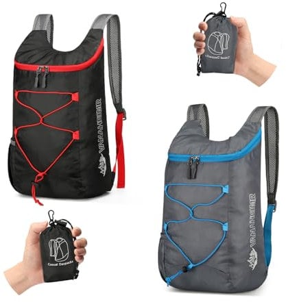 Sahunfri 2 Pcs Ultraleichter Faltbarer Rucksack, Wasserabweisend Faltbarer Rucksack Ultraleicht, Reiserucksack,Kleiner Wanderrucksack Damen und Herren, für Camping, Wandern, Radfahren (Schwarz Grau)