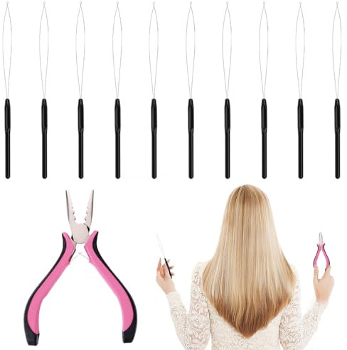 11PCS Hair Extension Tools Kit 1 PCS Professional Hair Extension Pliers with 10 PCS Loop Threader 3-Hole Hair Pliers Durable Nano Hair Extension Tool for Micro and Nano Ring Hair Extensions