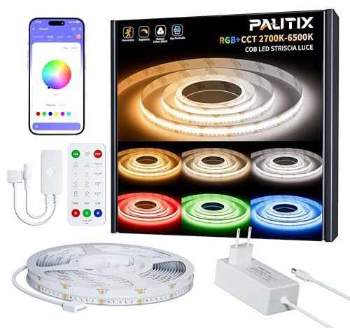 PAUTIX RGBCCT COB LED Streifen 5M,24V LED Strip Kit RGB+WW/CW 2700K-6500K Dimmbar Farbwechselnde LED Band mit RF Fernbedienung und Netzteil,Inklusive Gruppen Kontrolle,Musik Modus für DIY Home Dekor