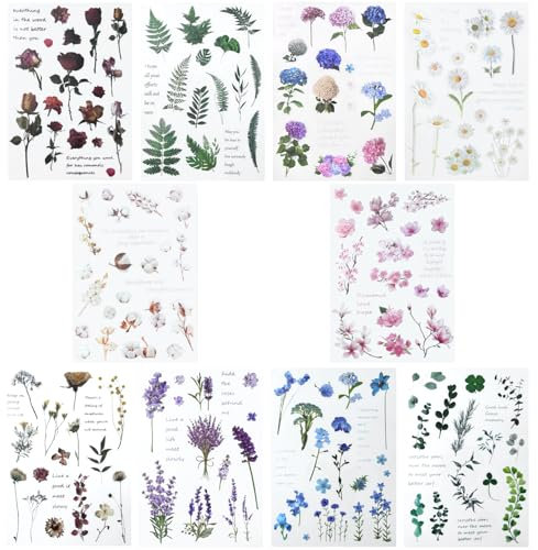 160 Blumenaufkleber, natürliche Scrapbook-Aufkleber, 10 Bögen, selbstklebende, transparente Blumenaufkleber für Scrapbook-Zubehör, Karten, Laptops, Basteln, Flaschen