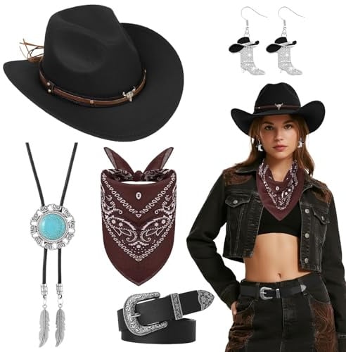 Saier tbo 5 Stück Western Cowgirlhut Set für Damen, Cowgirl Kostüm Accessoire Set mit Hut Halskette Ohrringen Gürtel Bandana für Halloween Maskenbälle Cosplay Partys