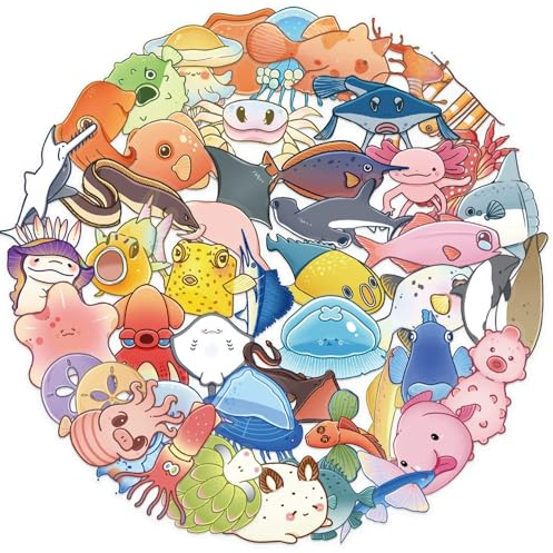 50 Pcs Ocean Animal Stickers Laptop Car Scrapbook Phone Skateboard Suitcase Luggage Bike Sea Animal Transparent Vinyl Waterproof Aesthetic Personalised Stickers for Teens Boys Girls Adults