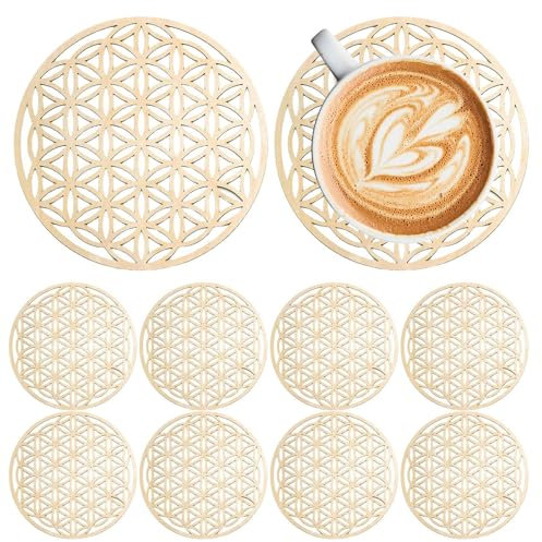 Lot de 10 Fleurs de Vie Dessous de Verre en Bois, 10 cm Dessous de Verre pour Tasse à Thé ou Café, Résistant à la Chaleur, Fleurs de Vie en Bois pour Méditation/Maison/Décoration/Salle à Manger