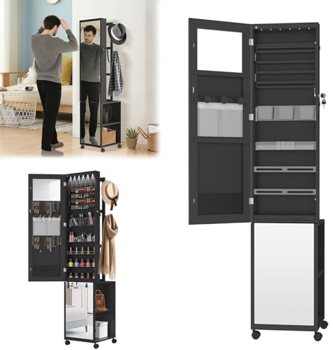 UISEBRT Spiegel Schmuckschrank Schmuckaufbewahrung mit LED-Leuchten und Sicherheitsschloss 3-in-1 Stehendes Spiegelschrank mit Rädern und Ablagen 36 x 40 x 170 cm Schwarz