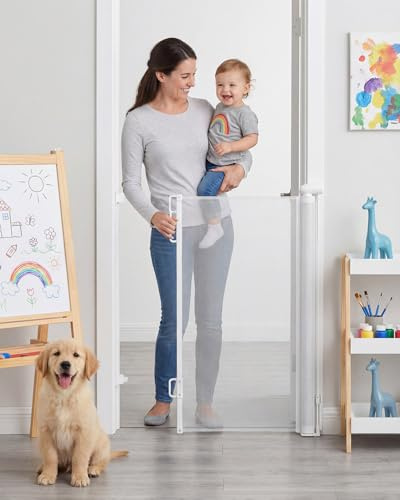 Retractable Stair Gate for Baby, 55” (0–140cm) Mesh Barrier, 85cm Tall Child & Dog Gate for Stairs, Doorways and Hallways, One-Hand Quiet Operation, Indoor Outdoor, Pure White