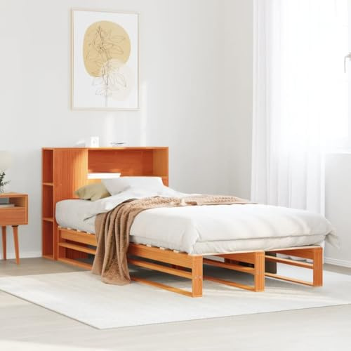YuuSsea Massivholzbett mit Regal, wachsbraun, 100x200 cm, Kiefernholz, Bettrahmen mit Lattenrost, Stauraum für Bücher, modernes Schlafzimmermöbel