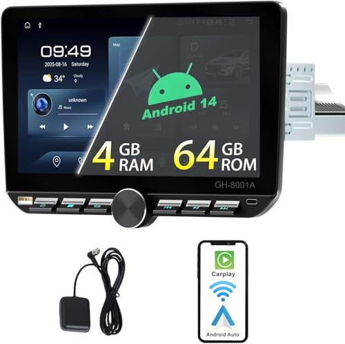 Alondy Single DIN Android 14 (4G+64GB) Car Stereo with Touchscreen (10.1) Compatible with Wireless Apple Carplay Android Auto Radio AM/FM RDS Bluetooth Navigation GPS Wi-Fi Type-C USB Mirror Link