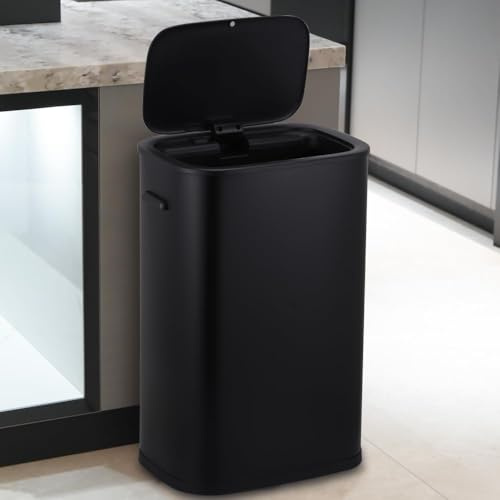55 Liter Motion Sensor Electric Kitchen Bin - Touchless Rubbish Trash With Soft Closure Infrared Lid, Bag Securing Ring, Stainless Steel Garbage Bin For Living Room, Home, Office (Black)