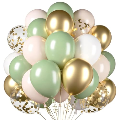 BlooMoo Luftballons Grün Gold, 50 Stück Salbeigrün Beige Gold Latex Ballons,Konfetti Helium Luftballons Eukalyptus Grün für Geburtstag Verlobung Babyparty Hochzeit JGA Party Dekorationen 12 Zoll