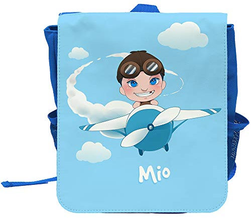 Kinder-Rucksack mit Namen Mio und Motiv mit Pilot und Flugzeug für Jungen