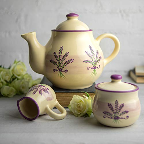 City to Cottage Lavender Pattern Purple and Cream Handmade Hand Painted Ceramic Large 1,7l/60oz/4-6 Cup Teapot, Milk Jug, Sugar Bowl Set