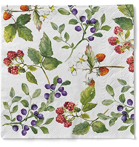 Sovie HORECA Tissue Serviette ELSE 33 x 33 cm, 3-lagig, 100 Stück, Papierserviette mit Waldbeeren Design – Heidelbeeren, Himbeeren, Blaubeeren – weich, saugfähig, ideal für Gastronomie und Events