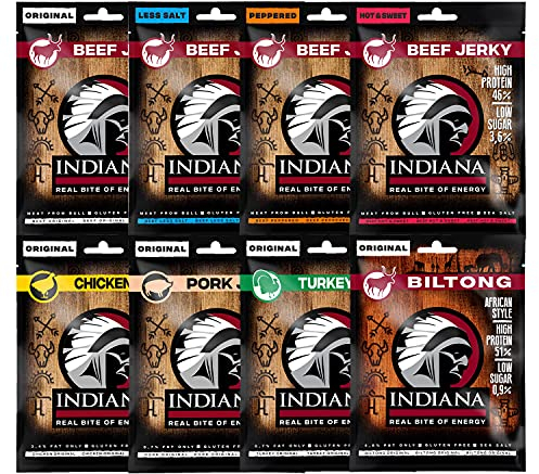 Indiana Jerky MIX, High Protein Trockenfleisch, ohne Zuckerzusatz, Gluten-frei (8 x 25g) (8 Sorten MIX)