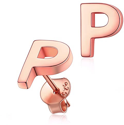 Boucles d'Oreilles Lettre P Or Rose Femme Argent 925 Sterling Clous d Oreilles Fille Alphabet Mignon Bijoux Cadeau Soeur Copine BFF Meilleur Amie