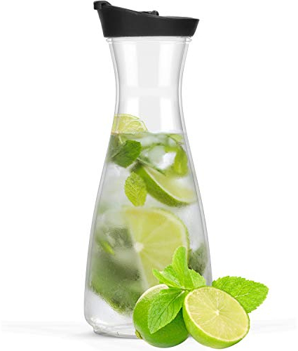 elasto – Glaskaraffe mit Deckel und praktischem Ausgießer – Wasserkaraffe aus Borosilikatglas ideal geeignet für kalte Getränke – Karaffe für Wasser, Säfte, Wein, Eistee & mehr (0,85 Liter)