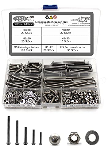 360 teiliges Set aus Linsenkopfschrauben mit Innensechsrund/Torx (TX) nach Norm ISO 7380-1 + Sechskantmutter DIN 934 und Unterlegscheibe DIN 125 Edelstahl Größe M5
