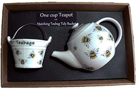 crackinchina Bees 1 Cup teapot with Small Used Teabag Tidy Bucket, White