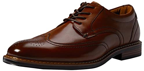 Nunn Bush Mens Centro Flex Wingtip with Brogue Detail Dress Casual Leather Comfortable Lace Up Oxford, Cognac, 9.5 US