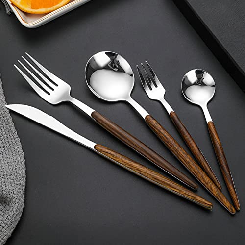 Ménagère pour 4 Personnes, Couverts de Table à Manche Aspect Bois, 20 Pièces Set de Couvert de Table Compris Couteau/Fourchette/Cuillère, Lavable au Lave-Vaisselle (Argent)