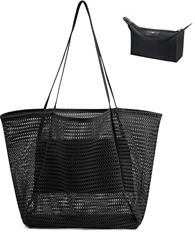 Flintronic Grand Sac de Plage en Maille Pliable pour Femme - Fermeture Éclair, Anti-Sable, Fourre-Tout, Cabas d'Été en Filet