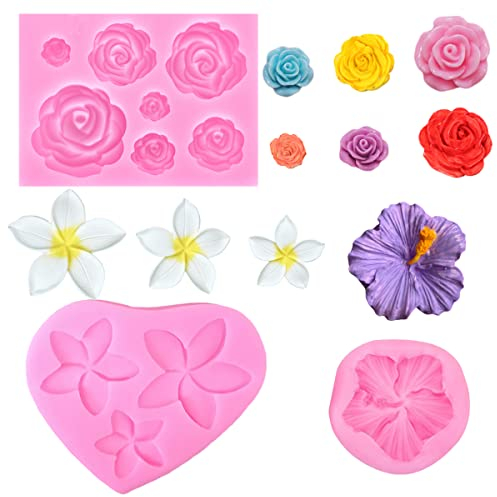 Nifocc 3 Stück 3D Blumen Fondant Form Rosen Blumen Kuchenform Blüten Backformen Hibiskus Frangipani Gießform Gussformen Cupcake Silicone Mould für Schokolade Muffin Süßigkeiten Gelee Candy Fudge Dekor