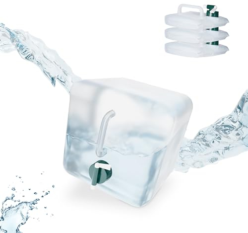 Relaxdays Faltkanister 4er Set, 5 Liter, faltbare Wasserkanister mit Hahn, BPA-frei, Plastikkanister, transparent/grün