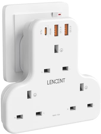 LENCENT 3 Way Plug Adaptor with 3 USB Slots PD&QC 20W, Multi Plug Extension 3 Plugs USB Socket, 6-in-1 Extender Plug Adapter UK, USB Wall Expander for Home, Office, Kitchen, 13A 3250W